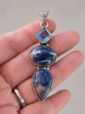 Handcrafted Blue Topaz & Sodalite Gemstone Sterling Silver 2.8” Pendant